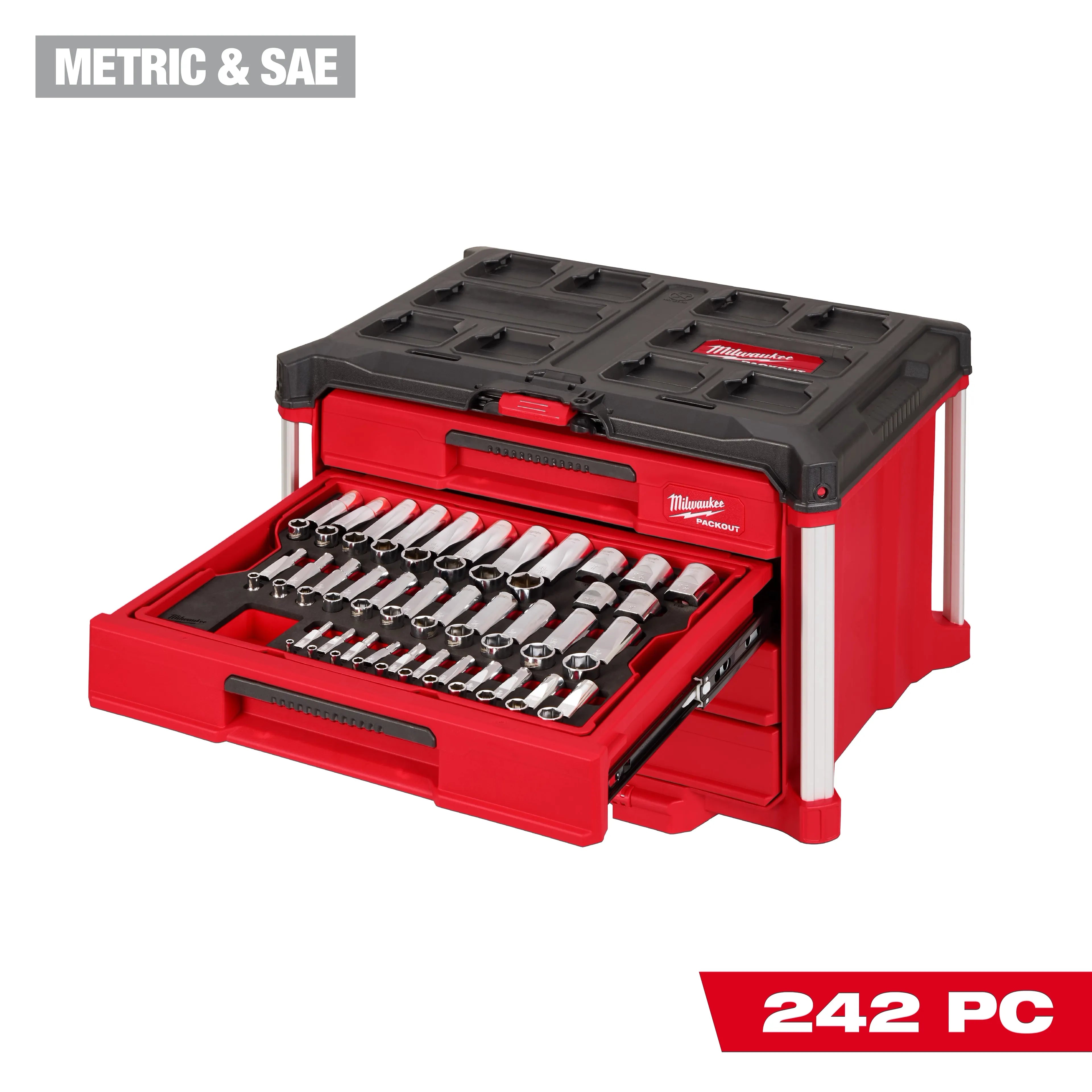 242pc. 1/4”, 3/8”, & 1/2” Drive Metric & SAE Ratchet & Socket Set with PACKOUT™ 4-Drawer Tool Box