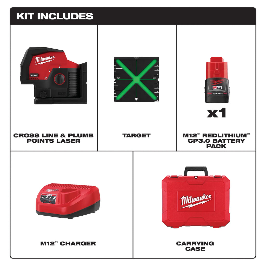 Milwaukee M12 Green Cross Line & Plumb Points Laser Kit | 3622-21