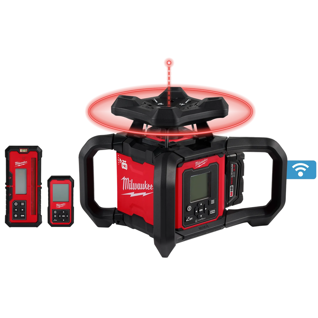 Milwaukee M18 Red Exterior Dual Slope Rotary Laser Level Kit with  Receiver, Remote, Grade Rod & Tripod | 3704-21T