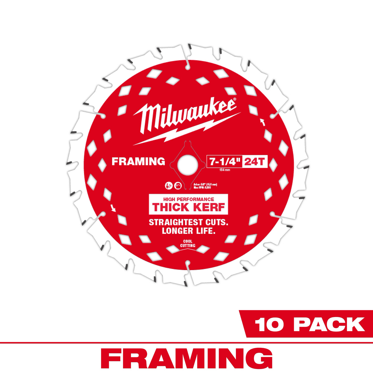 Milwaukee 7-1/4" 24T Thick Kerf Framing Circular Saw Blades (10-Pack) | 48-41-0740