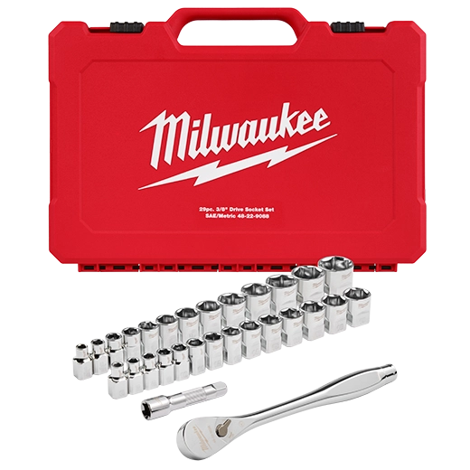 Milwaukee 29-Piece 3/8" Drive Metric & SAE Ratchet and Socket Set with FOUR FLAT SIDES | 48-22-9088