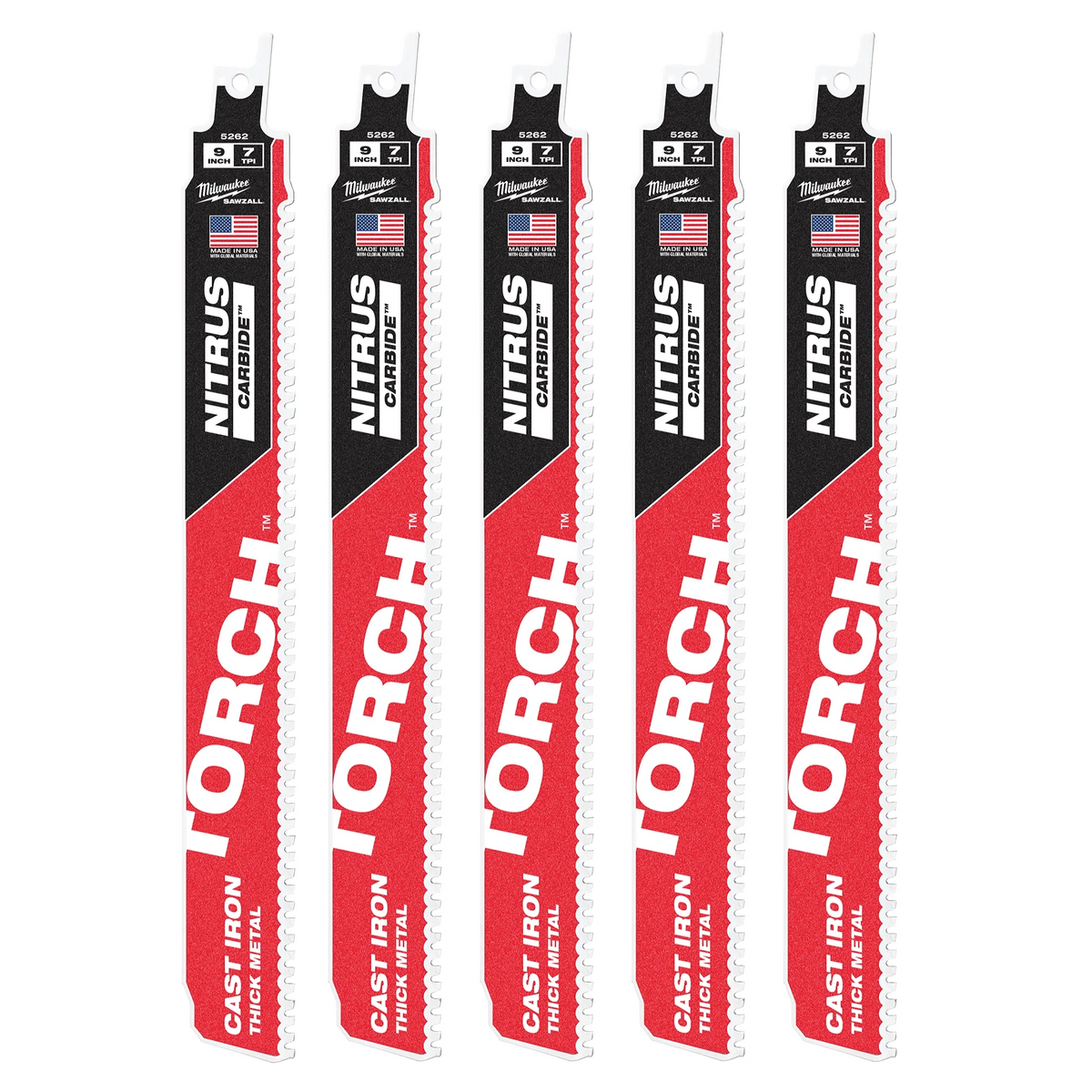 Milwaukee 9" 8TPI TORCH with NITRUS Carbide for Cast Iron SAWZALL Blade 5PK | 48-00-5562