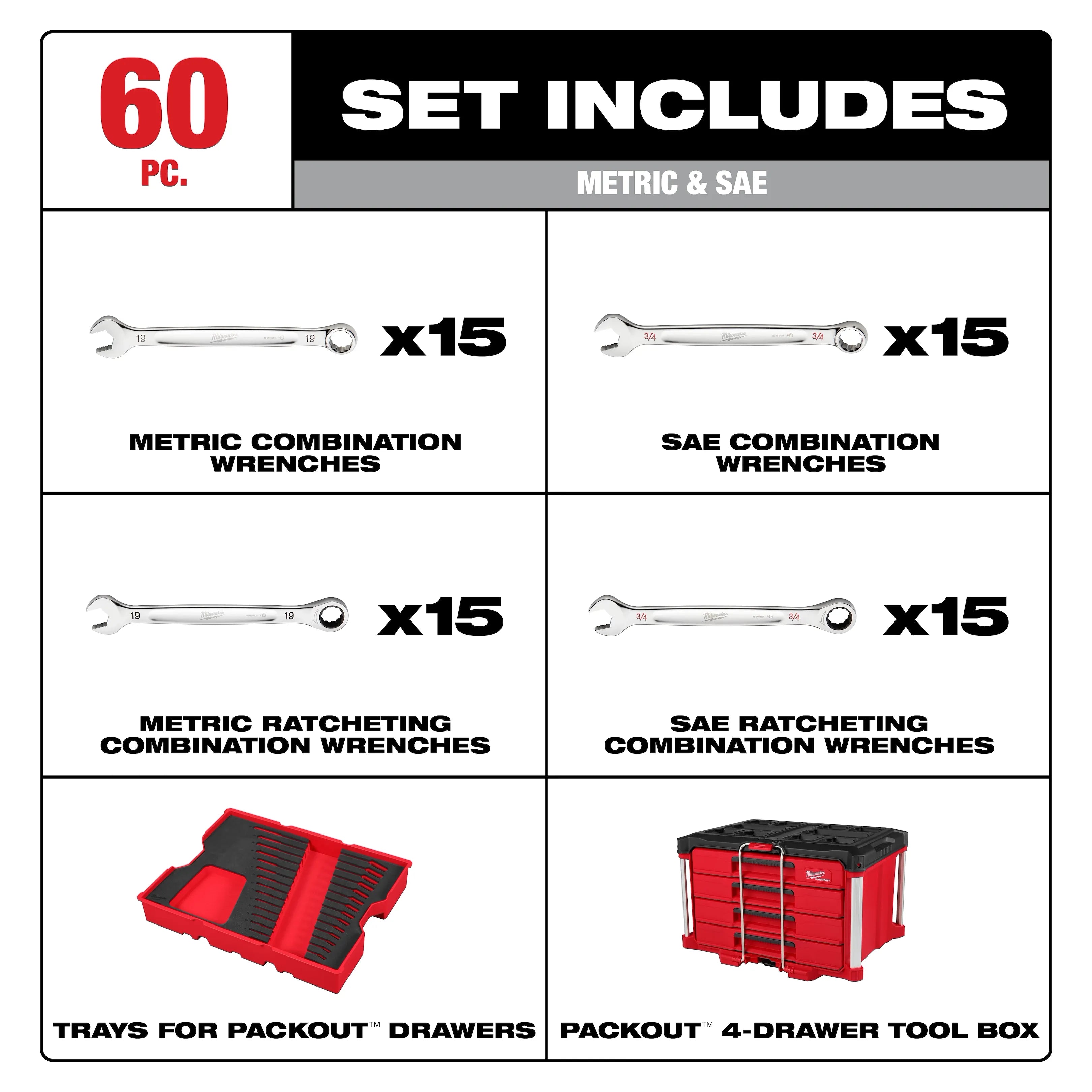 60pc. Metric & SAE Combination Wrench Set with PACKOUT™ 4 Drawer Tool Box