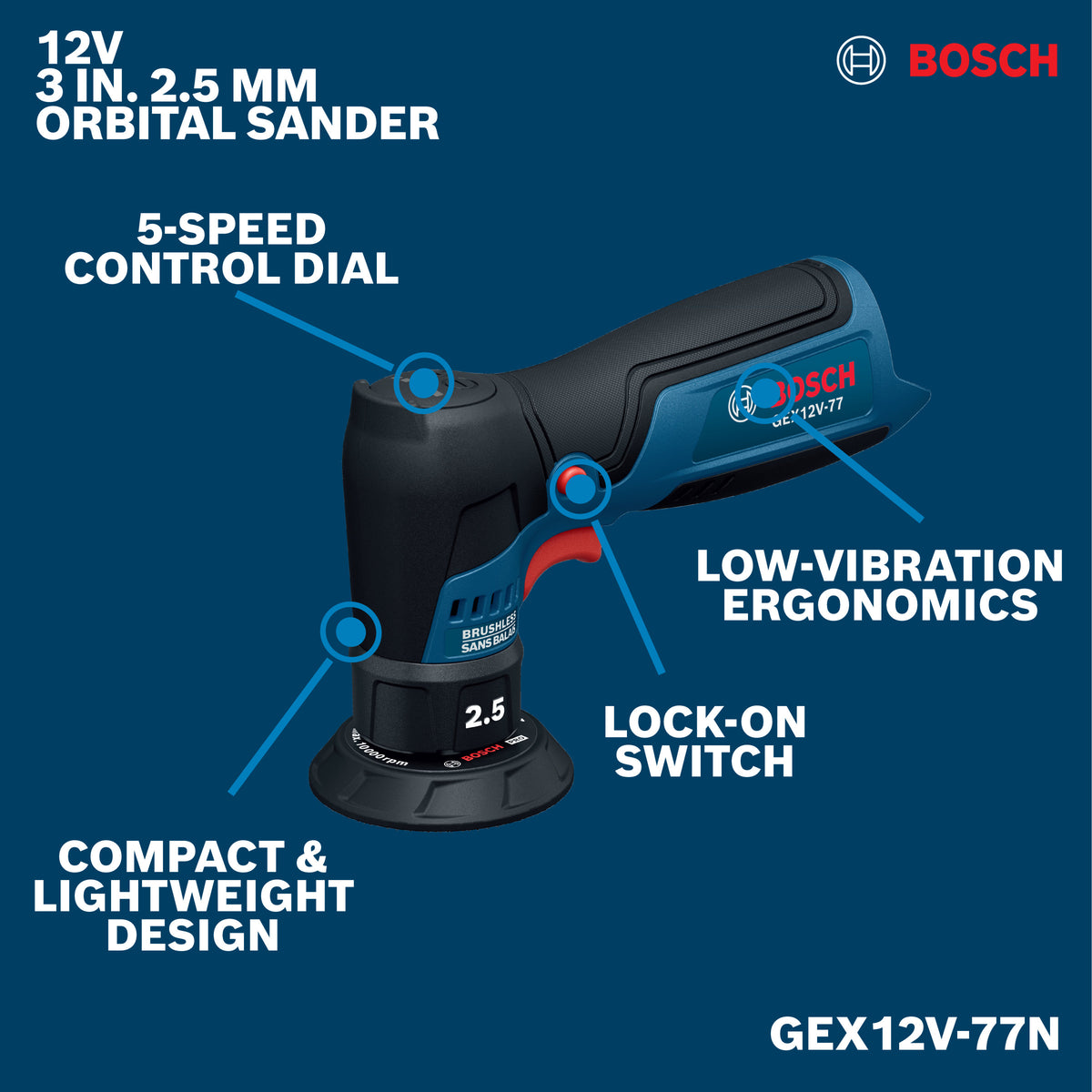Bosch GEX12V-77N 12V Compact Cordless Brushless 3 In. Random Orbital Sander (Tool Only)