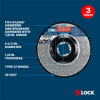 Bosch GWX27LM450P3 3-Pack, 4-1/2 In. x 1/4 In. X-LOCK Arbor Type 27 30 Grit Metal Grinding Abrasive Wheel