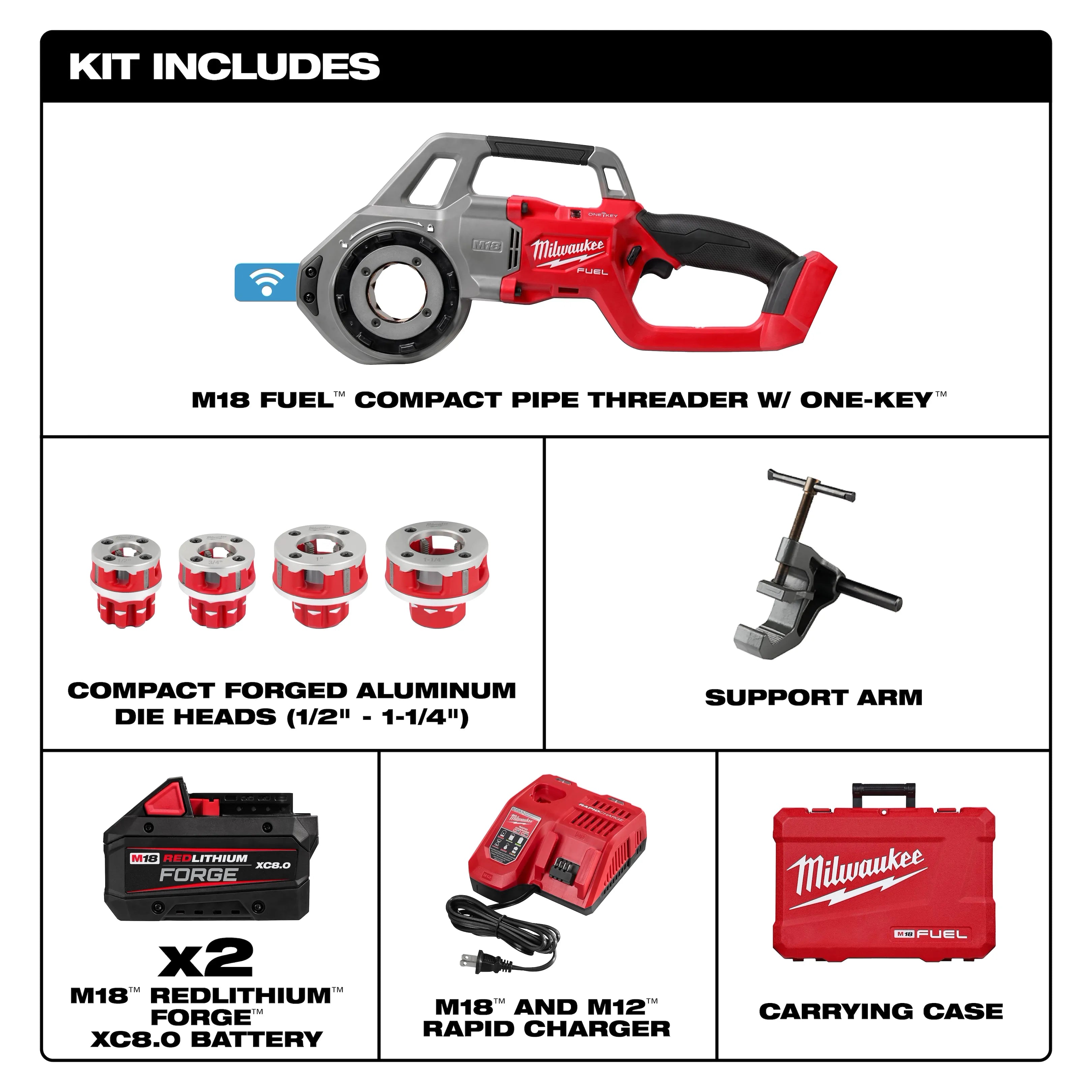 M18 FUEL™ Compact Pipe Threader w/ ONE-KEY™ w/ 1/2" - 1-1/4" Compact NPT Forged Aluminum Die Heads