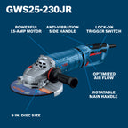 Bosch GWS25-230JR 9 In. Large Angle Grinder – 15 Amp W/ Lock-On Trigger Switch and Rotatable Main Handle