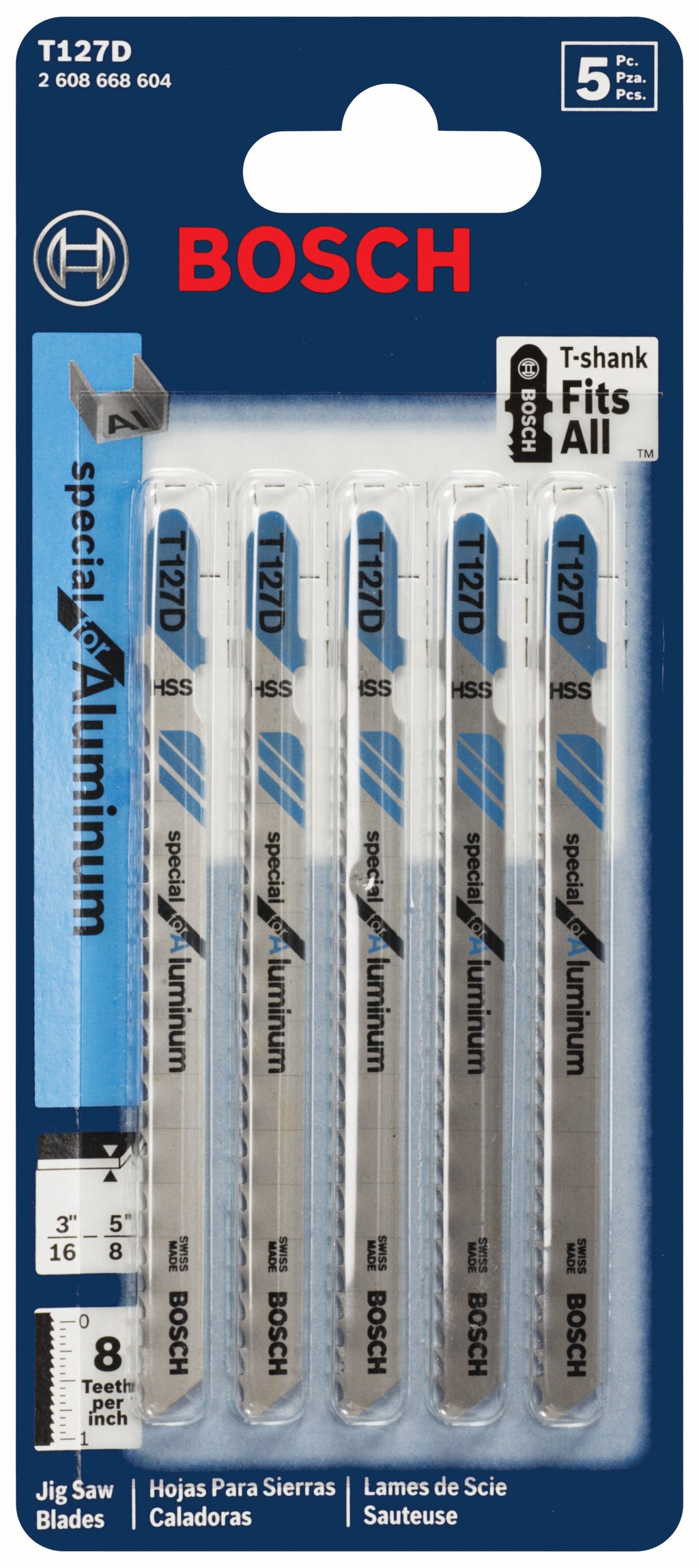 Bosch T127D 5 pc. 4 In. 8 TPI Special for Aluminum T-Shank Jig Saw Blades