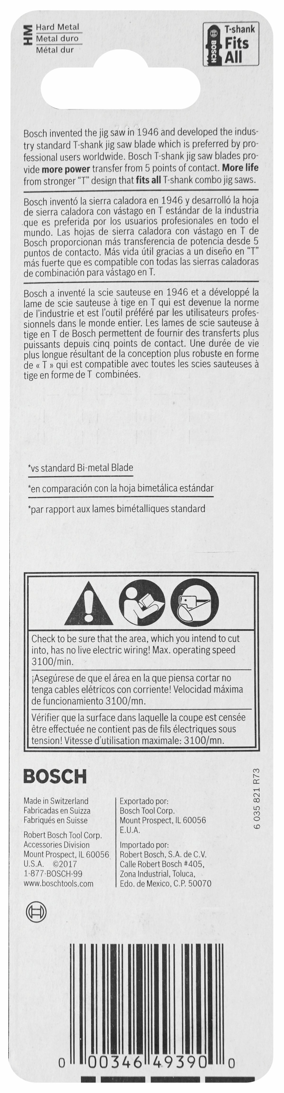 Bosch T367XHM3 3 pc. 5-1/4 In. 5-7 TPI Carbide Edge for All-Purpose T-Shank Jig Saw Blades