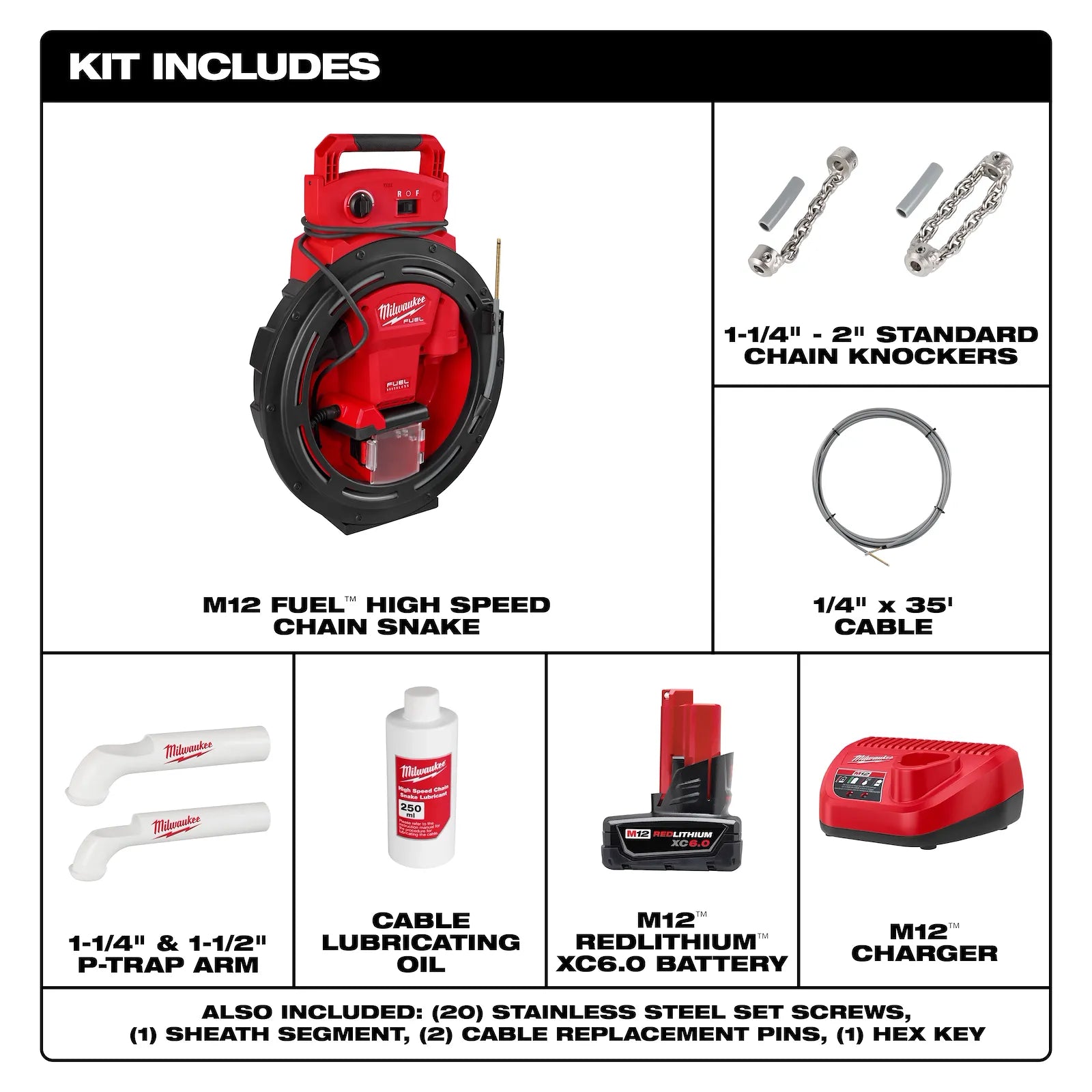 M12 FUEL™ High Speed Chain Snake for 1-1/4”-2” Pipes
