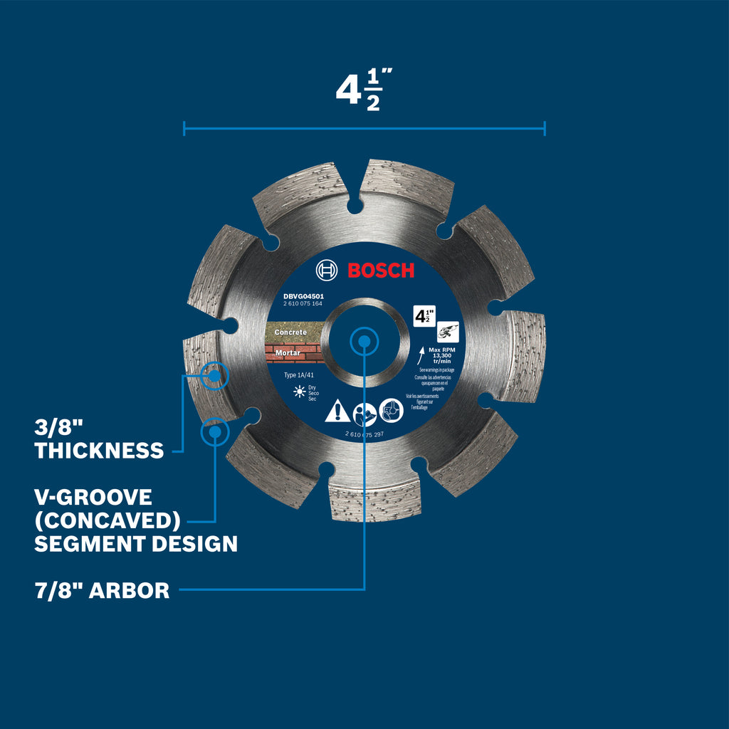 Bosch DBVG04501 4-1/2 In. Segmented Rim V-Groove Diamond Wheel for Rough Cuts