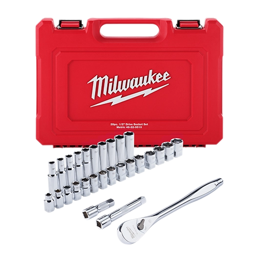 Milwaukee 28-Piece 1/2" Drive Metric Ratchet and Socket Set with FOUR FLAT Sides | 48-22-9510