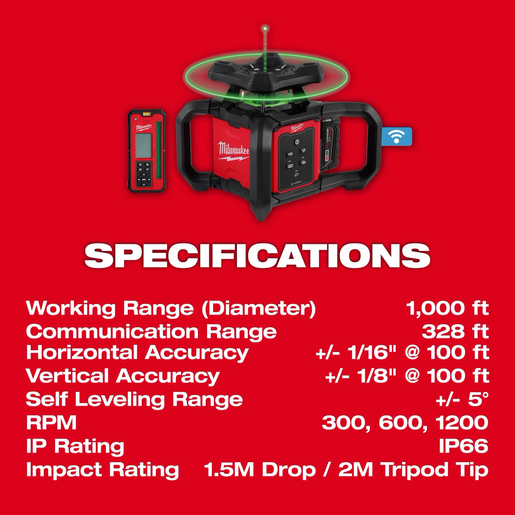 Milwaukee M18 Green Interior Rotary Laser Level Kit with  Remote/Receiver & Wall Mount Bracket | 3702-21