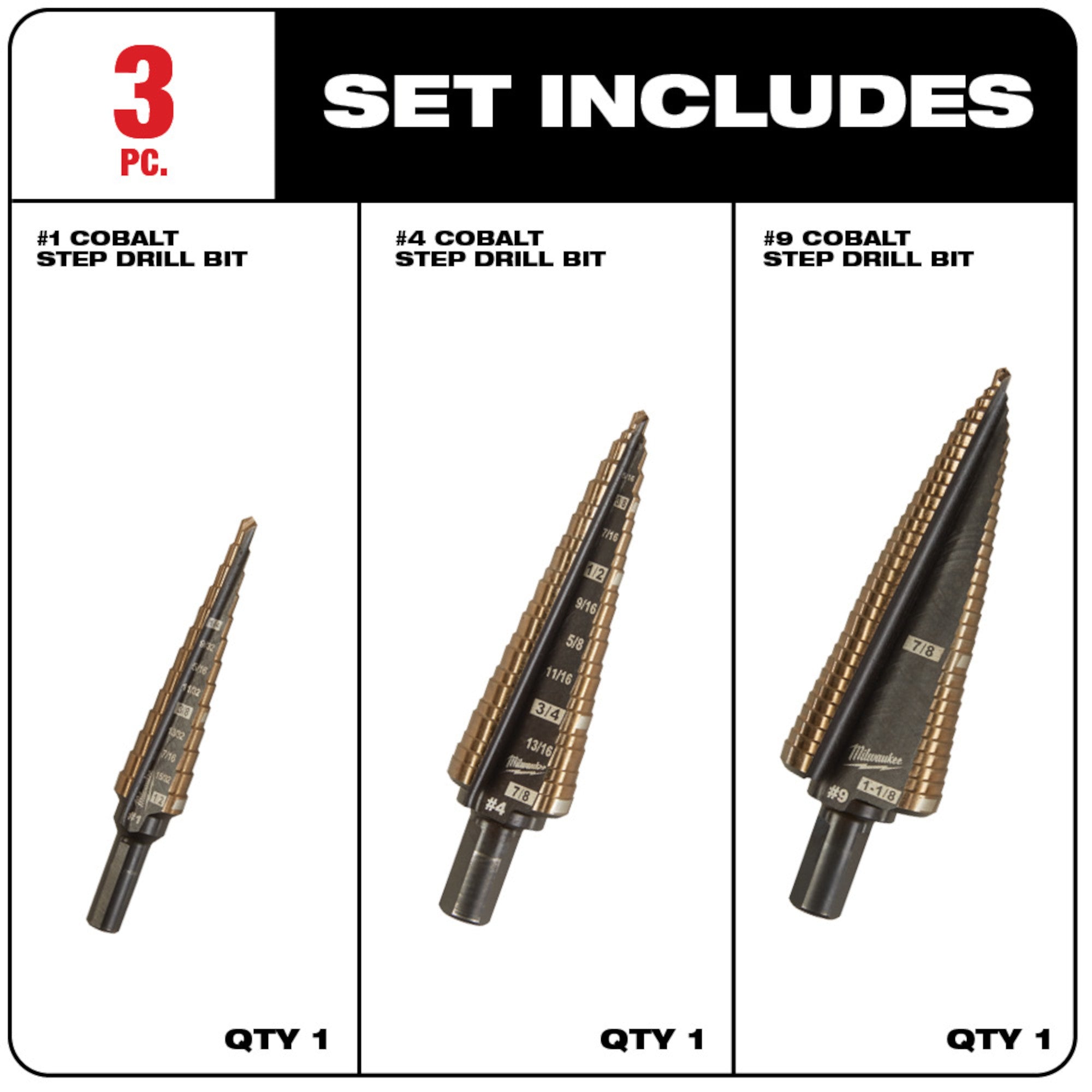 Cobalt Step Bit Kit (3PC)