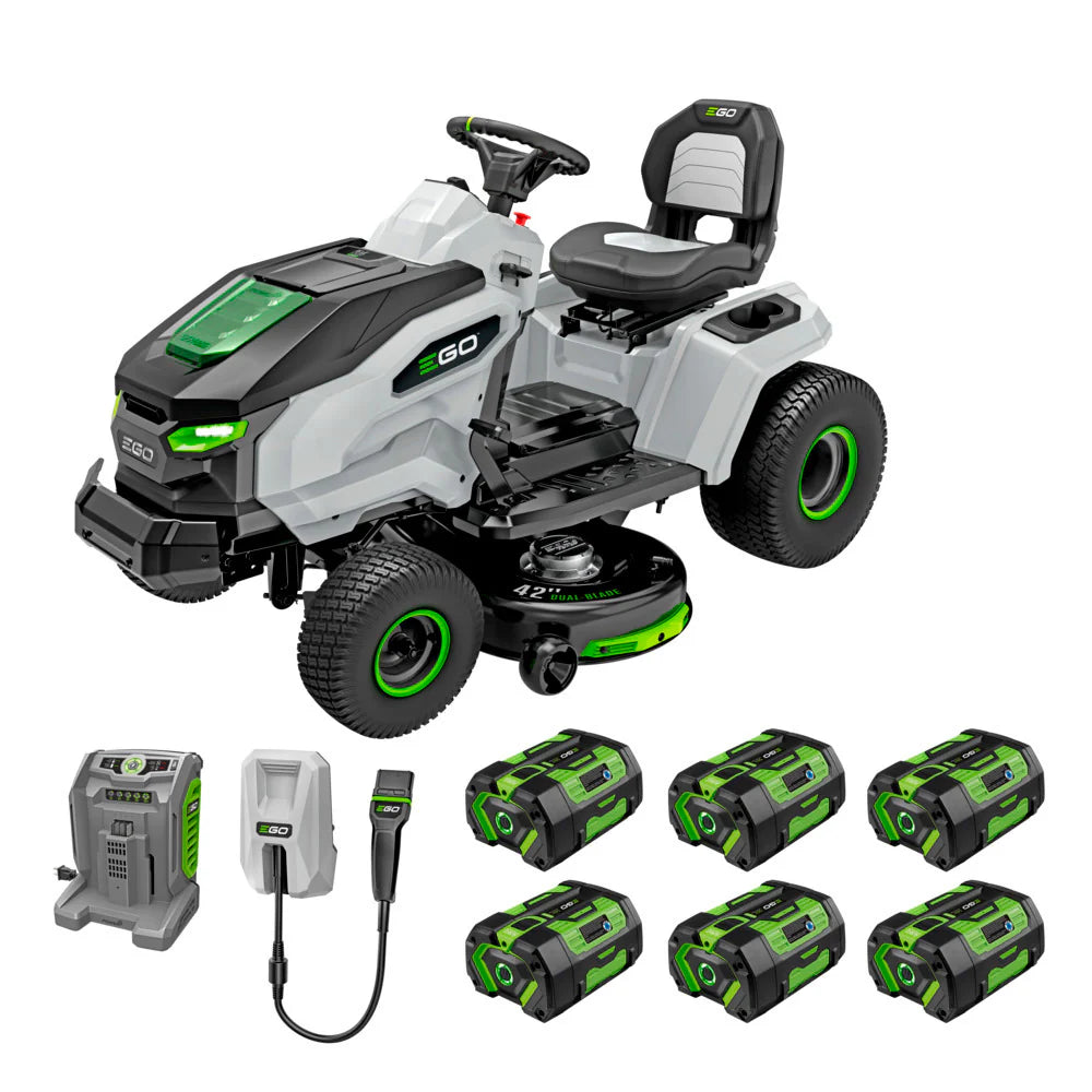EGO Power+ 42" T6 Lawn Tractor with 6 x 6.0Ah Batteries, 700W Turbo Charger, and Charging Adapter