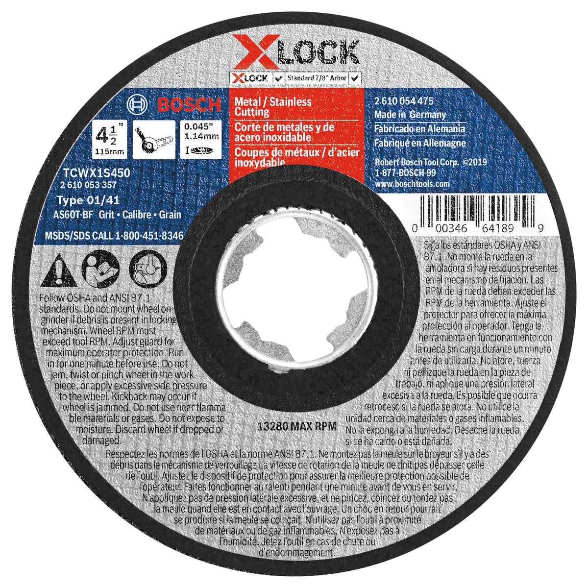 Bosch TCWX1S450 4-1/2 In. x .045 In. X-LOCK Arbor Type 1A (ISO 41) 60 Grit Fast Metal/Stainless Cutting Abrasive Wheel