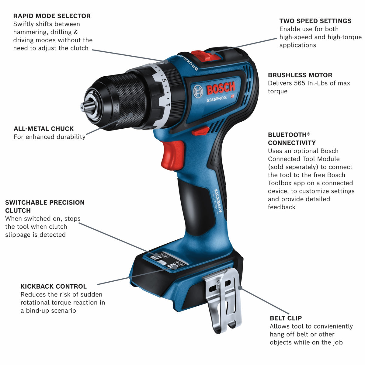 Bosch GSB18V-800CN 1/2 In. Brushless Connected-Ready Hammer Drill/Driver (Tool Only)