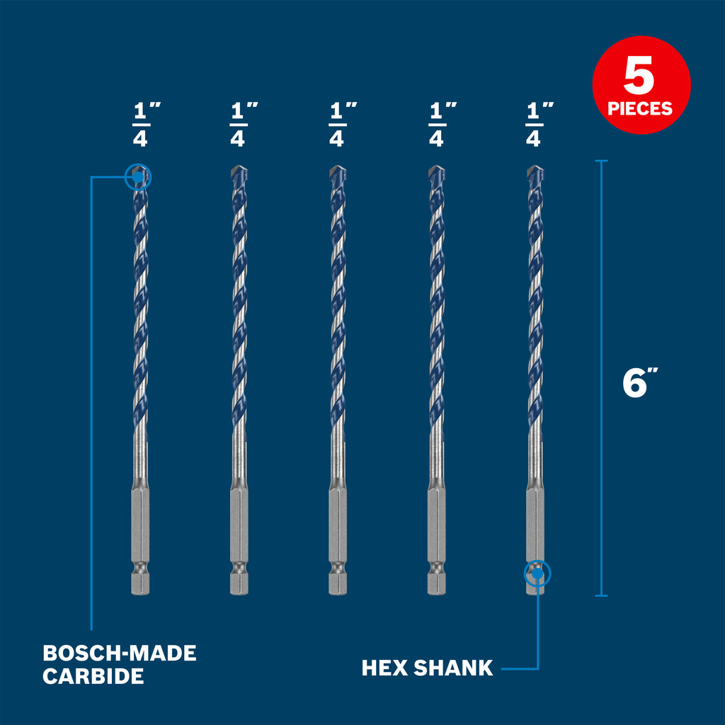 Bosch BXH065 5 pc. 1/4 In. x 6 In. Blue Xtreme Carbide Hammer Drill Bit