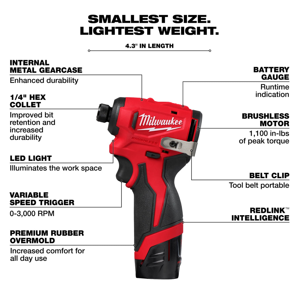 Milwaukee M12 Subcompact Brushless 1/4" Hex Impact Driver – Configuration Options
