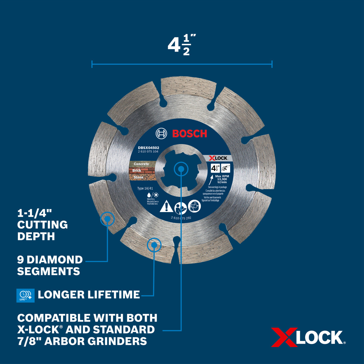 Bosch DBSX04502 4-1/2 In. X-LOCK Premium Segmented Rim Blade for Rough Cuts
