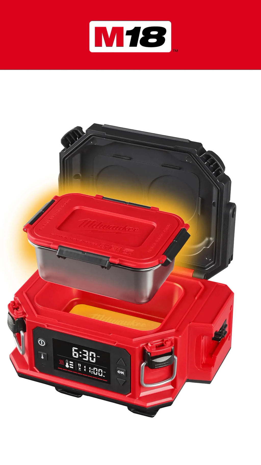 M18™ Jobsite Lunch Warmer in red and black, shown open with a clear plastic food container resting inside. The M18 logo appears in a red banner at the top.