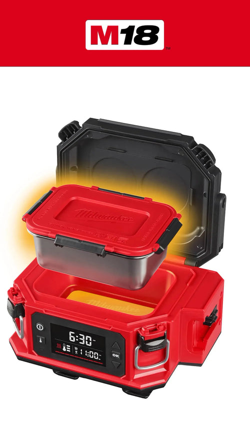 M18™ Jobsite Lunch Warmer in red and black, shown open with a clear plastic food container resting inside. The M18 logo appears in a red banner at the top.