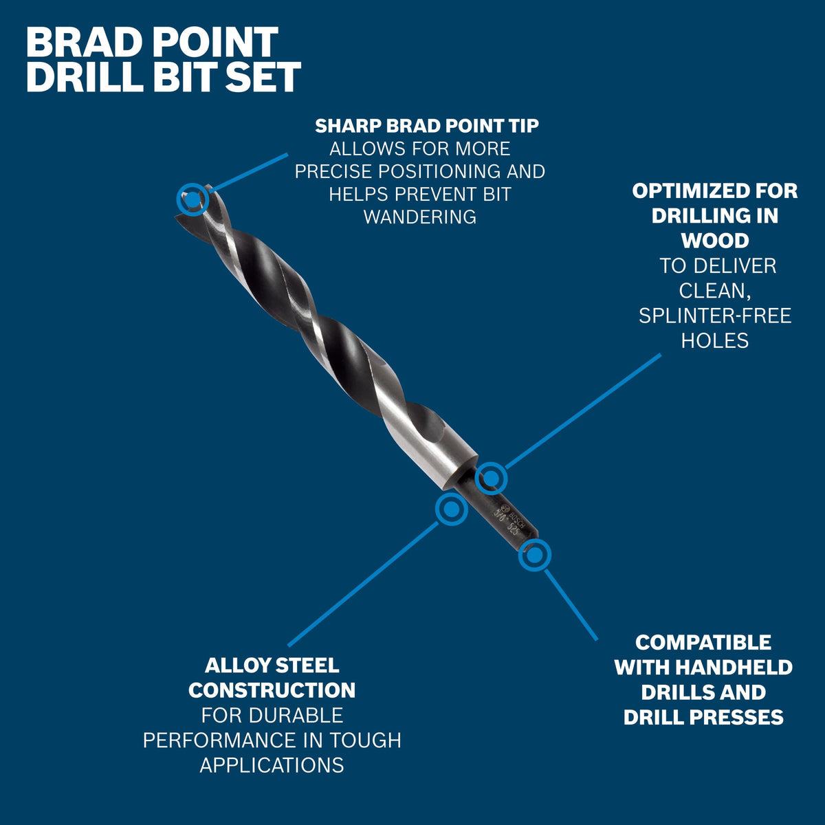Bosch BP14616 1/4, 5/16, 3/8, 7/16, 1/2 In. Brad Point Drill Bit Set