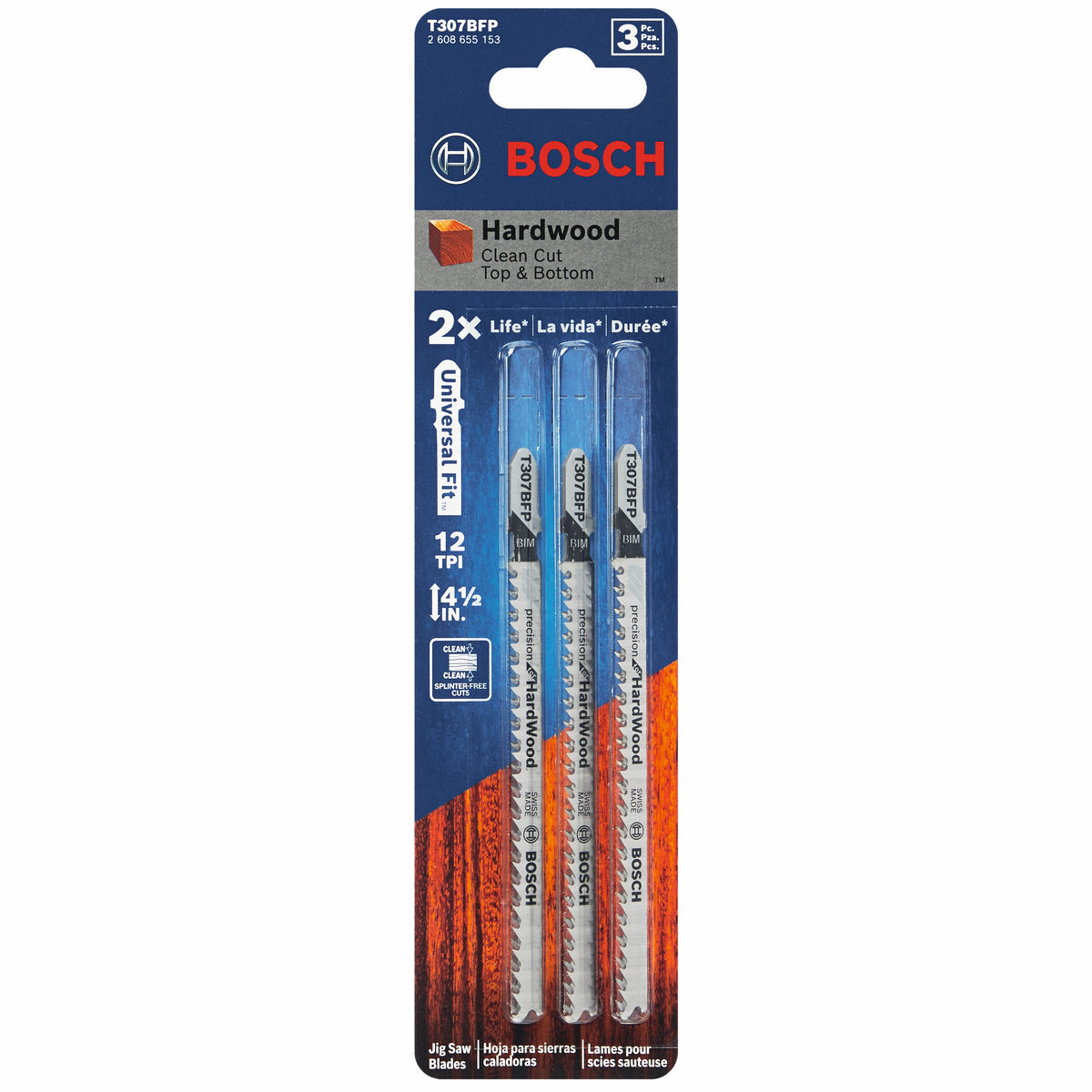 Bosch T307BFP 3 pc. 4-1/2 In. 12 TPI Precision for Hardwood T-Shank Jig Saw Blades