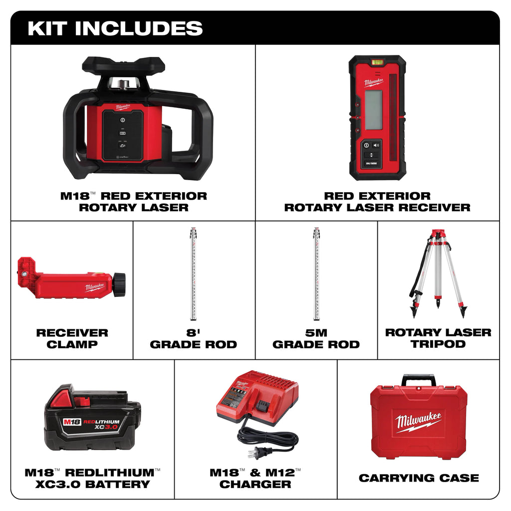 Milwaukee M18 Red Exterior Rotary Laser Level Kit with  Receiver, Tripod, & Grade Rod | 3701-21T