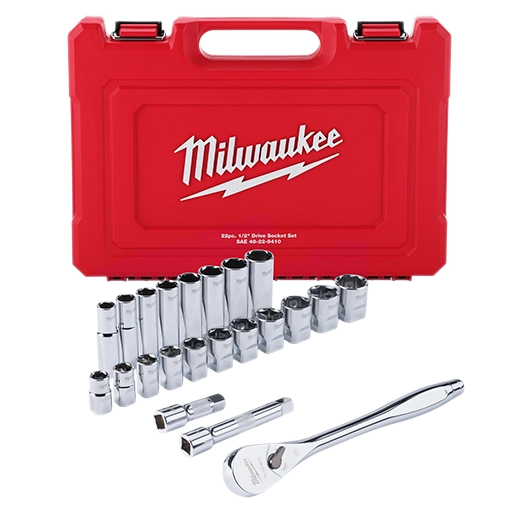 Milwaukee 22-Piece 1/2" Drive SAE Ratchet and Socket Set with FOUR FLAT Sides | 48-22-9410
