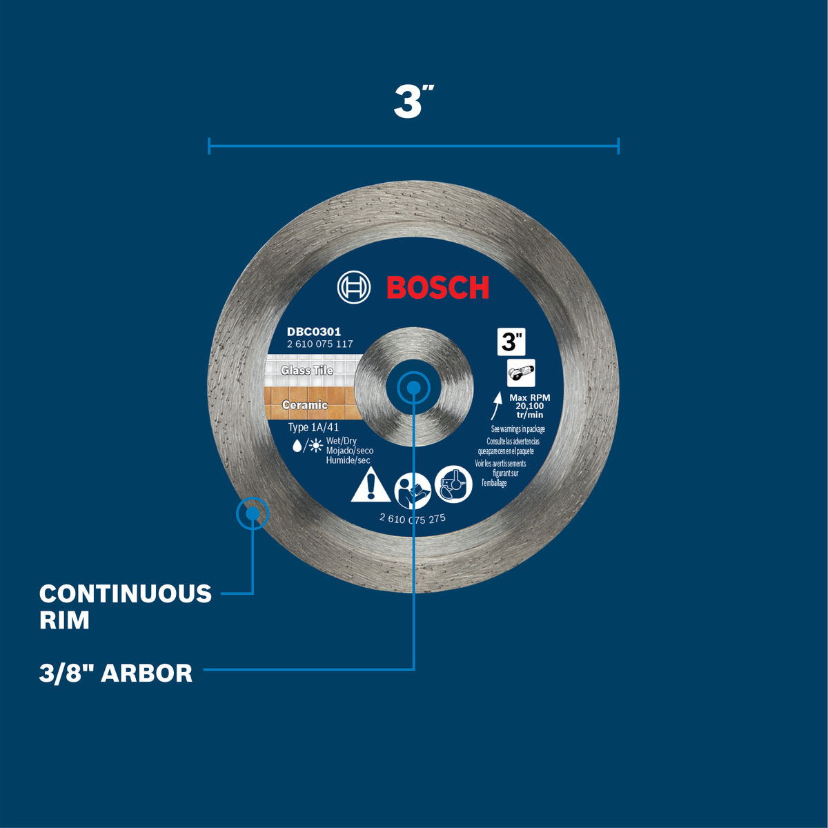 Bosch DBC0301 3 In. Continuous Rim Diamond Wheel for Precise Cuts