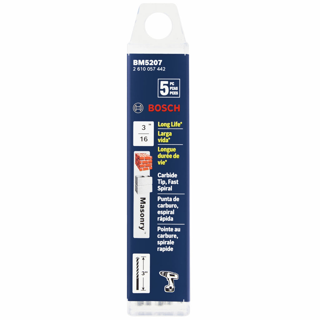 Bosch BM5207 5 pc. 3/16 In. X 2 In. X 3 In. Fast Spiral Rotary Masonry Drill Bits