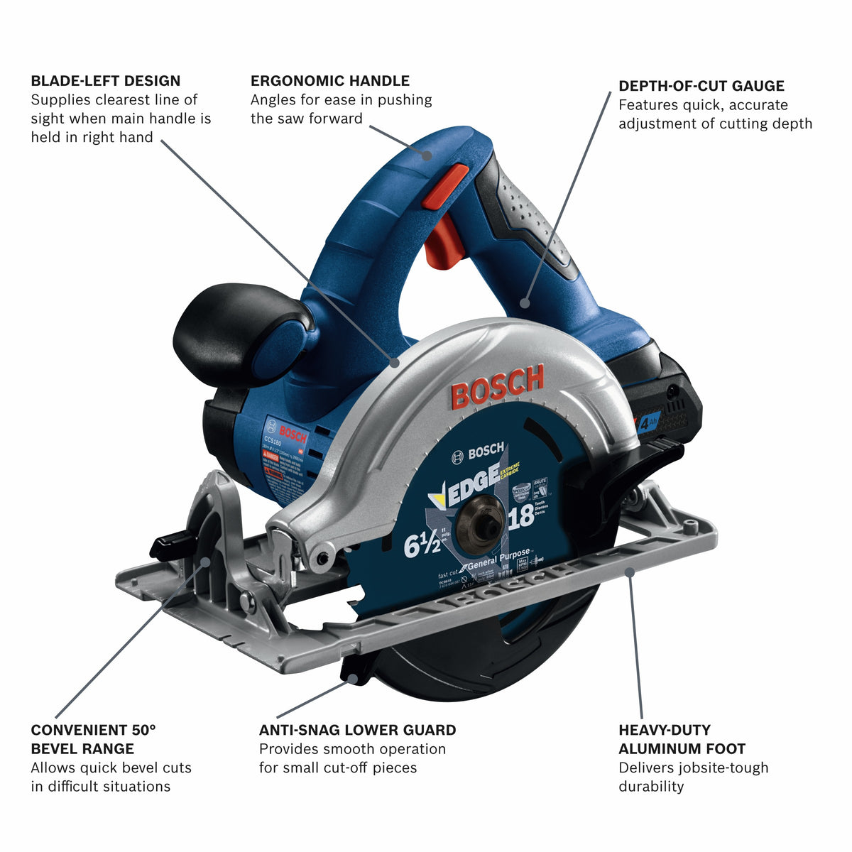 Bosch CCS180-B15 18V 6-1/2 In. Blade-Left Circular Saw Kit with (1) CORE18V 4 Ah Advanced Power Battery