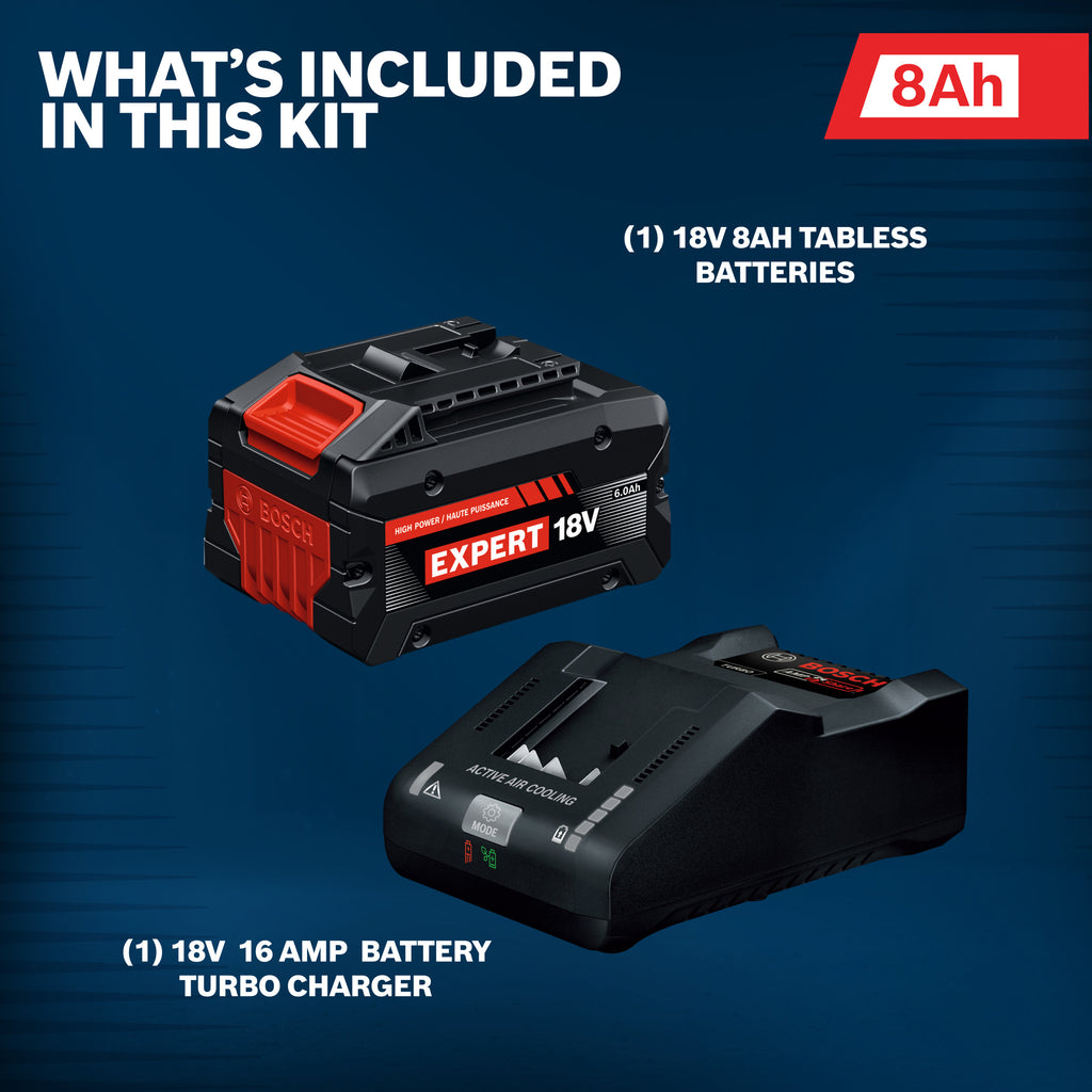 Bosch GXS18V-27N18X 18V Starter Kit with (1) Expert 8 Ah and (1) 18V 16 Amp Battery Turbo Charger