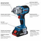 Bosch GDS18V-330CB25 18V Brushless Connected-Ready 1/2 In. Mid-Torque Impact Wrench Kit with Friction Ring and Thru-Hole and (2) CORE18V 4 Ah Advanced Power Batteries