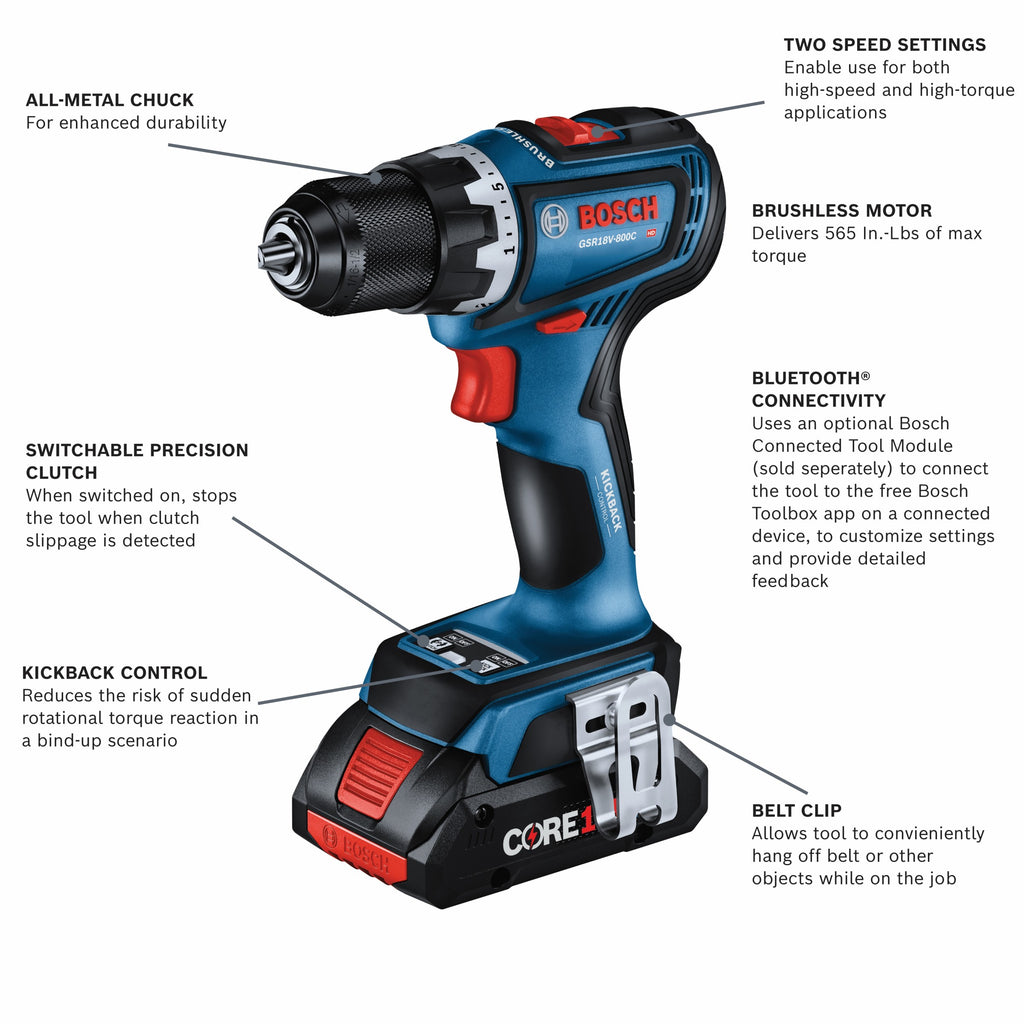 Bosch GSR18V-800CB24 18V Brushless Connected-Ready 1/2 In. Drill/Driver Kit with (2) CORE18V 4 Ah Advanced Power Batteries