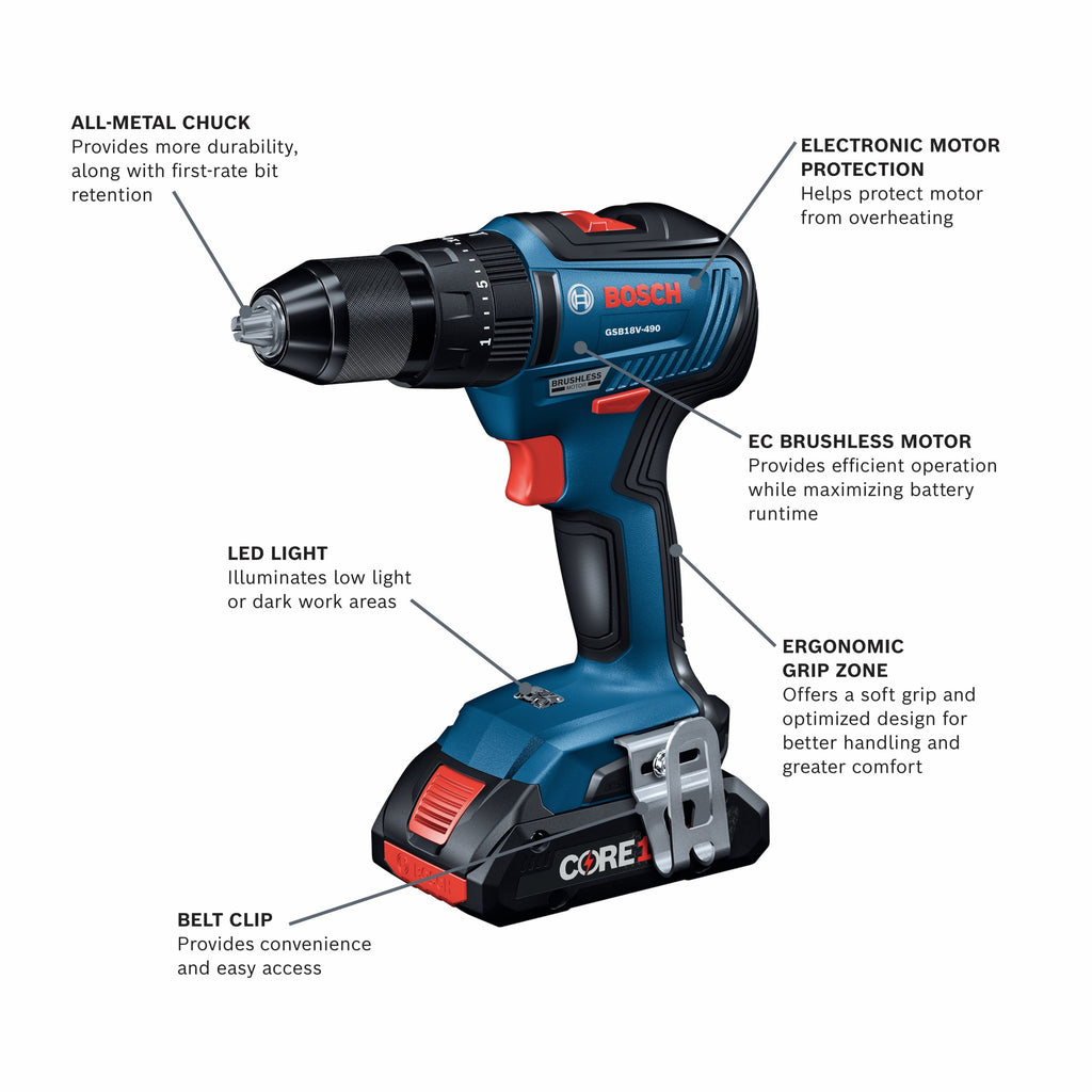 Bosch GXL18V-233B25 18V 2-Tool Combo Kit with 1/2 In. Hammer Drill/Driver, Two-In-One 1/4 In. and 1/2 In. Bit/Socket Impact Driver/Wrench and (2) CORE18V 4 Ah Advanced Power Batteries