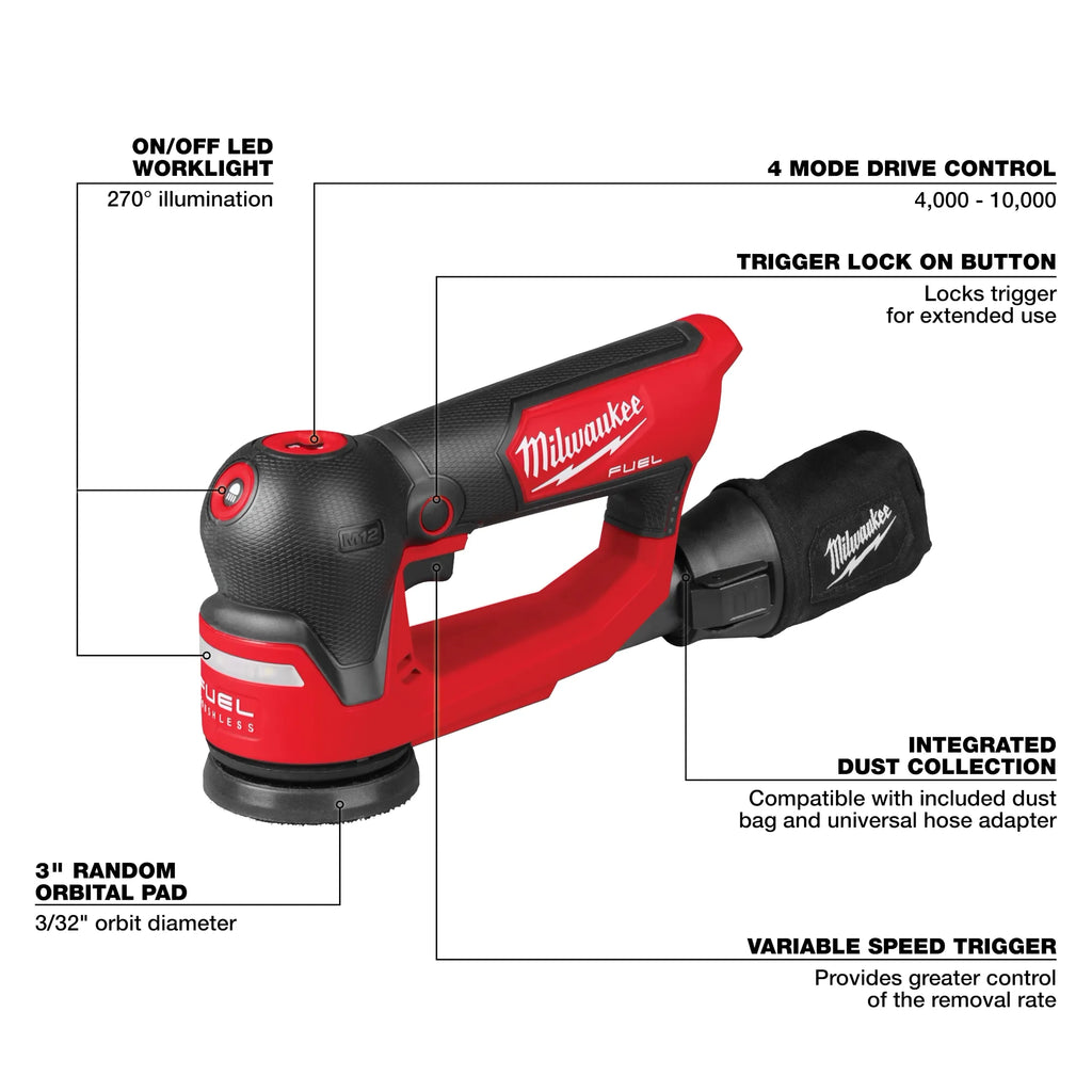 Milwaukee M12 FUEL 3" Random Orbital Detail Sander | 2535-20