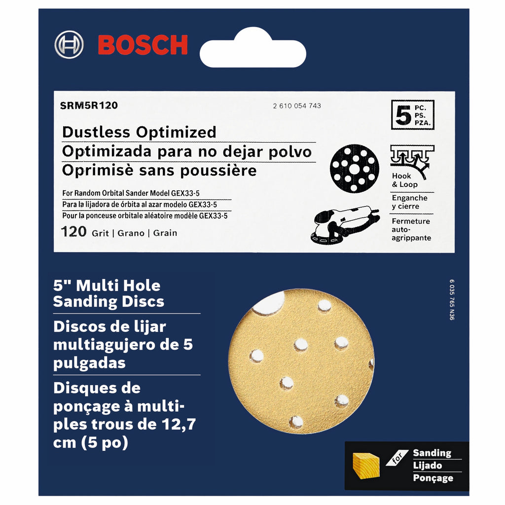 Bosch SRM5R120 5 pc. 120 Grit 5 In. Multi-Hole Hook-And-Loop Sanding Discs