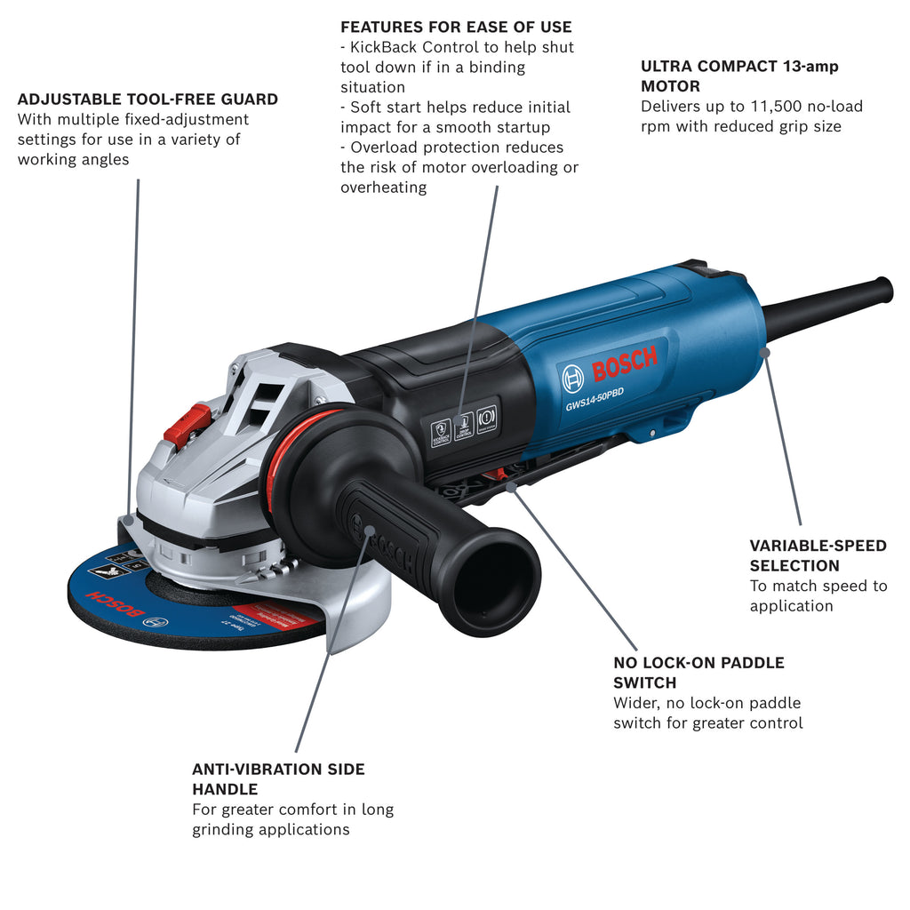 Bosch GWS14-50PBD 5 In. Angle Grinder with Brake and No Lock-On Paddle Switch