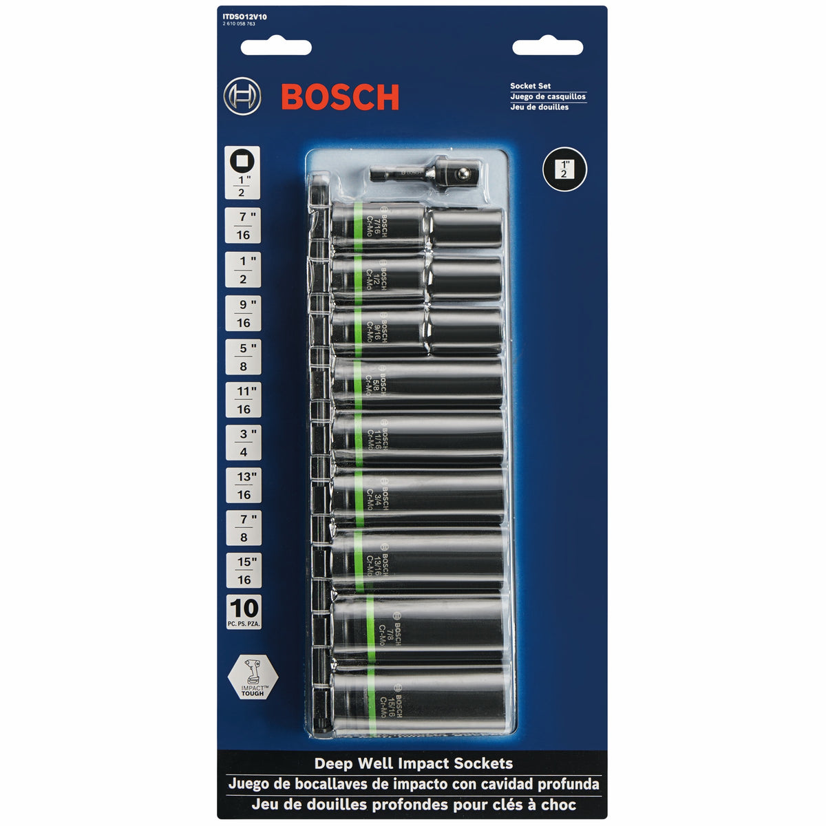 Bosch ITDSO12V10 10 pc. Impact Tough Deep Well 1/2 In. Socket Set with 1/4 In. Hex to 1/2 In. Socket Adapter