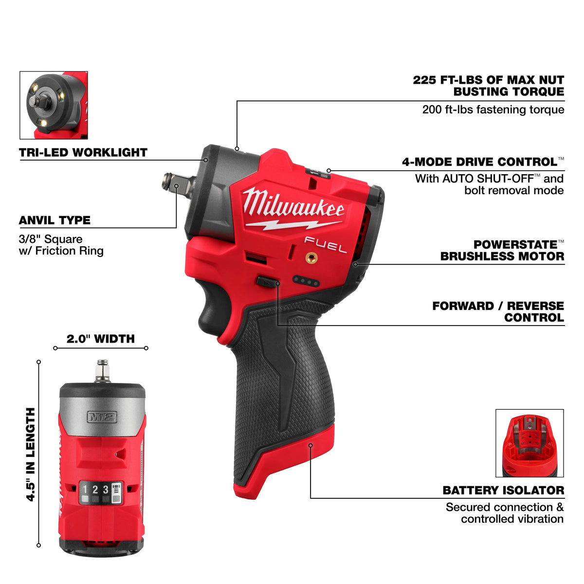 Milwaukee M12 FUEL 3/8" Subcompact Impact Wrench with Friction Ring – Configuration Options