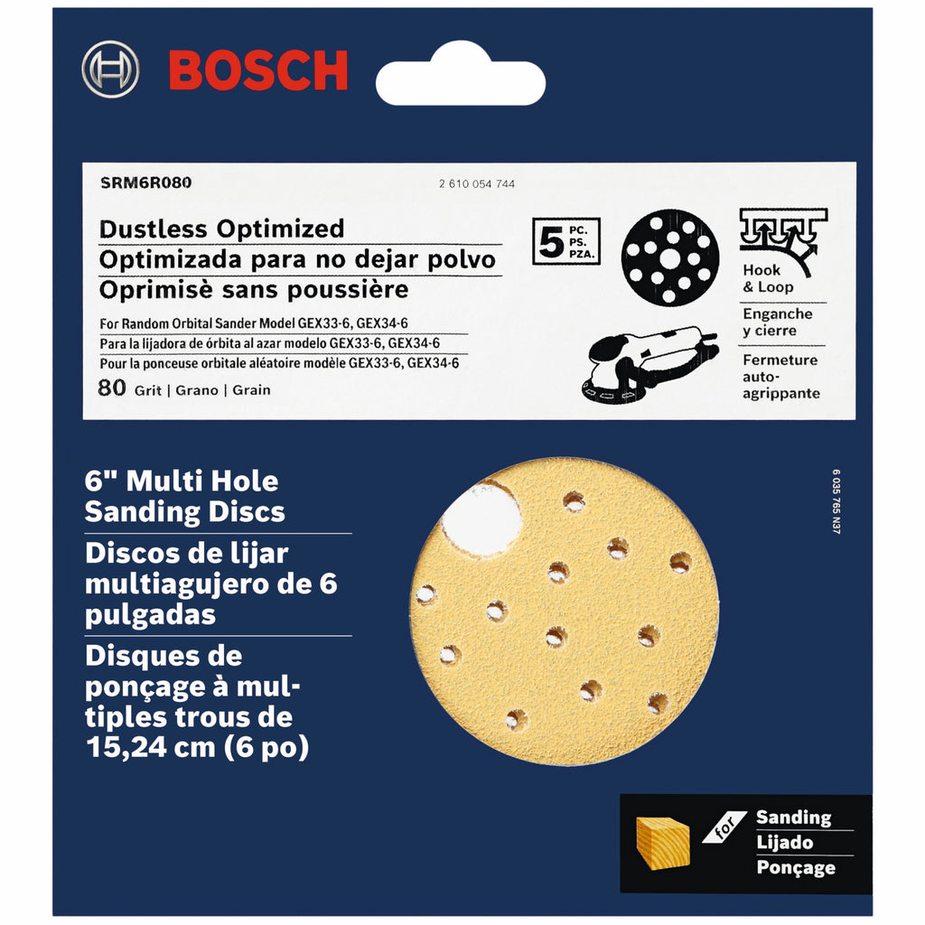 Bosch SRM6R080 5 pc. 80 Grit 6 In. Multi-Hole Hook-And-Loop Sanding Discs