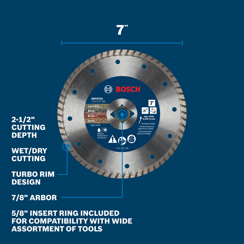 Bosch DBT0701 7 In. Turbo Rim Diamond Blade for Smooth Cuts