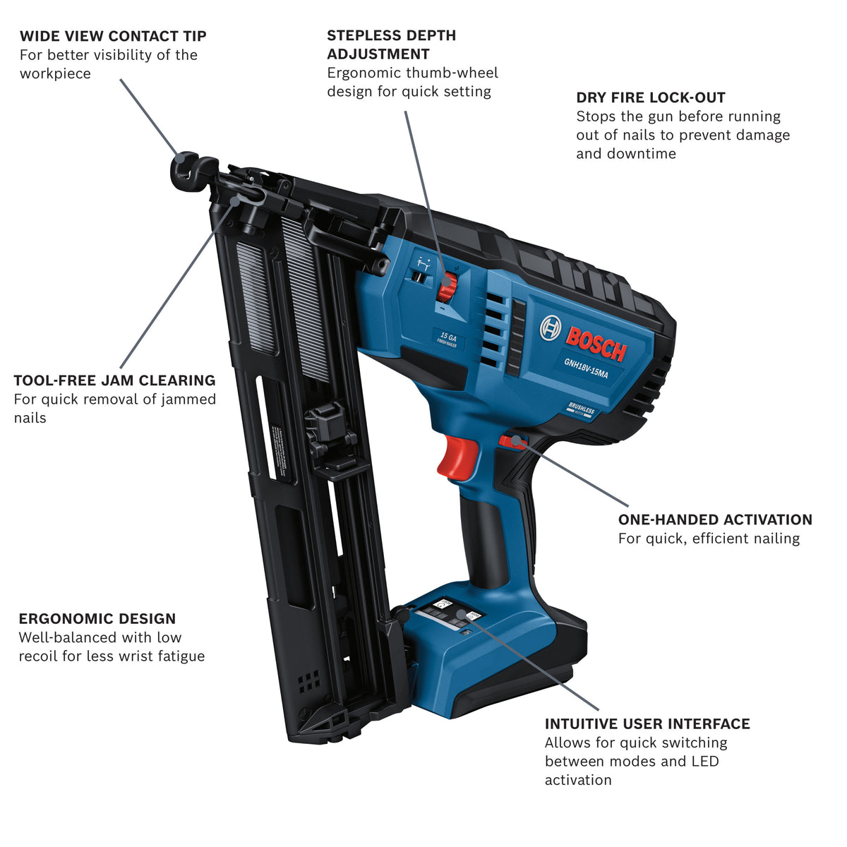 Bosch GNH18V-15MAN 18V Brushless 15-Gauge Angled Finish Nailer (Tool Only)