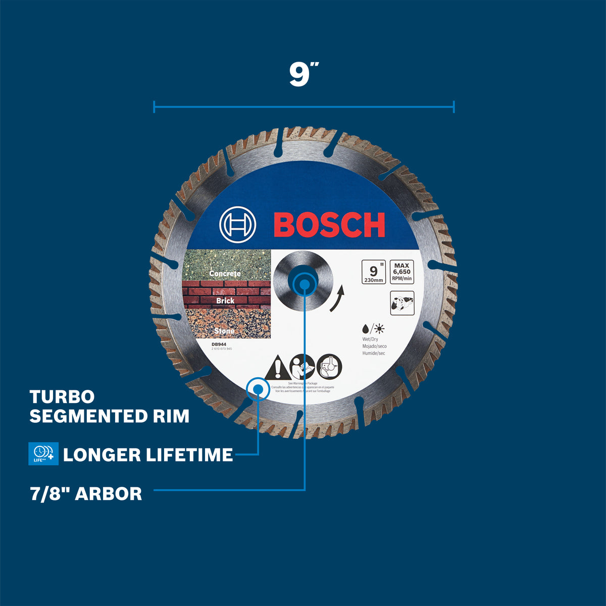 Bosch DB944 9 In. Premium Turbo Segmented Rim Diamond Wheel for Precise Cuts