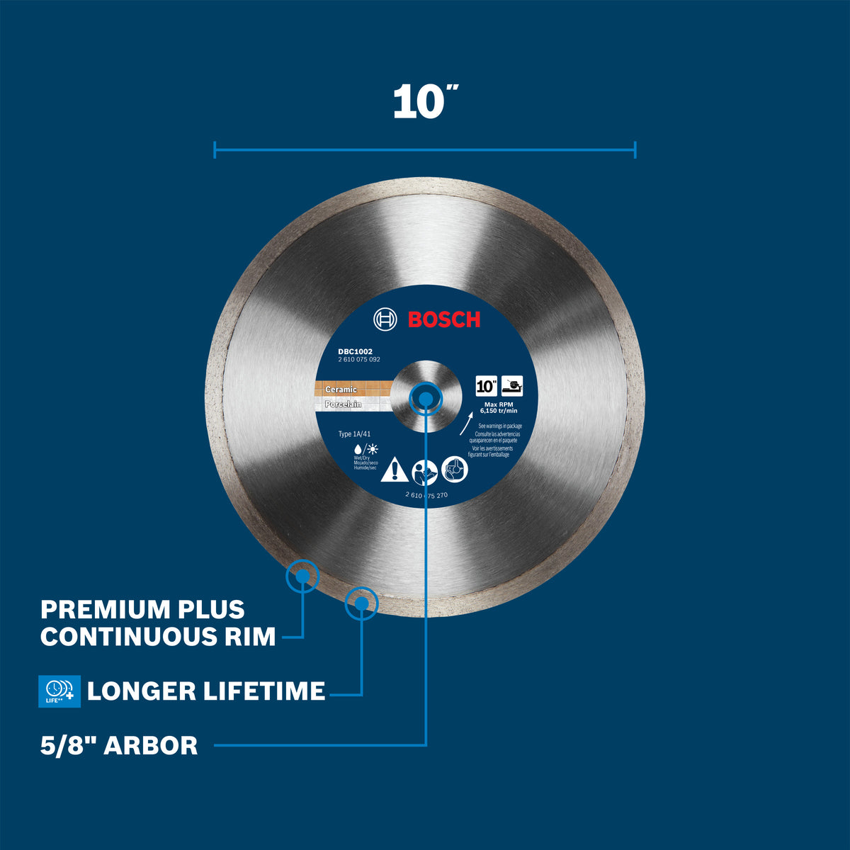 Bosch DBC1002 10 In. Premium Continuous Rim Diamond Wheel for Precise Cuts