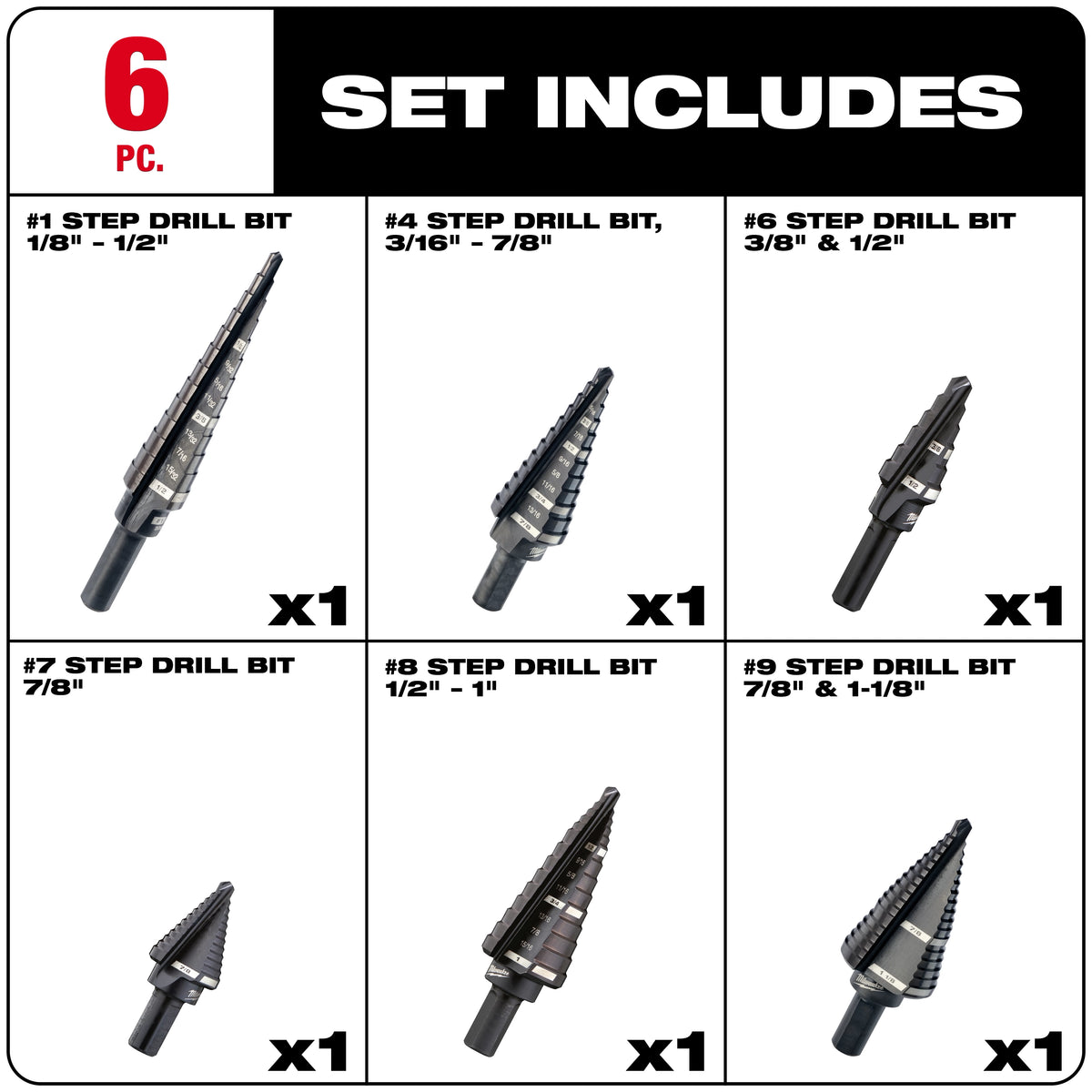 6PC Step Drill Bit Set