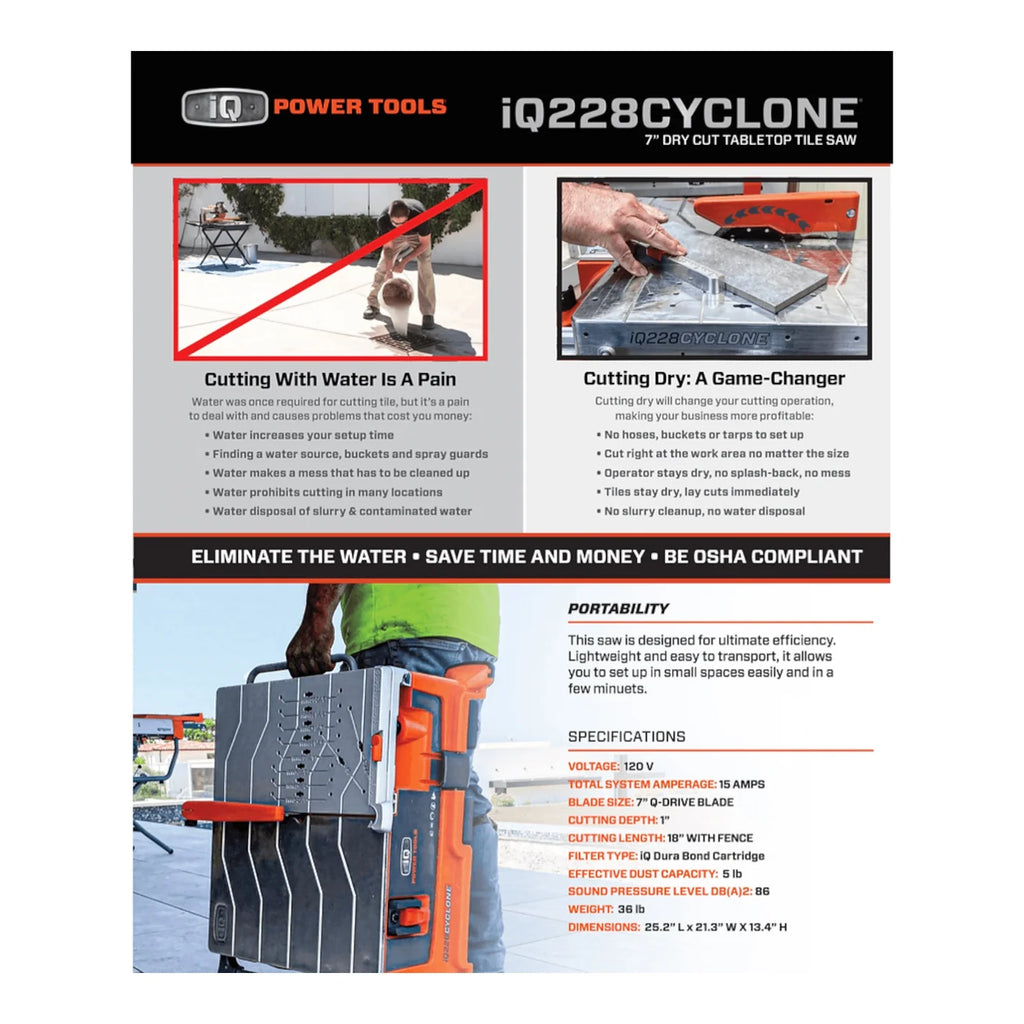 iQ228 CYCLONE 7" Dry Cut Tile Saw With Integrated Dust Control System