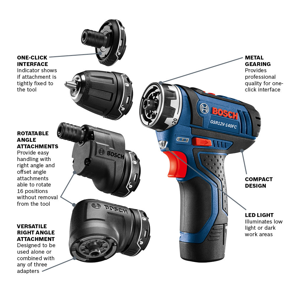 Bosch GSR12V-140FCB22 12V Max Drill/Driver with 5-In-1 Flexiclick System and (2) 2.0 Ah Batteries